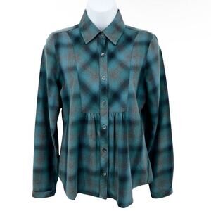 Royal Robbins Womens Heidi Bib Front Plaid Shirt XS Button Up Teal Green Flannel